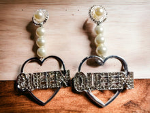Load image into Gallery viewer, Handmade rhinestone and pearl Queen Nameplate Earrings Clip on
