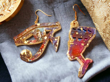 Load image into Gallery viewer, Handpainted Egyptian Ankh and Nefertiti Wooden Earrings
