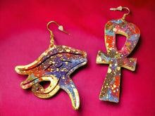 Load image into Gallery viewer, Handpainted Egyptian Ankh and Eye of Horus Wooden Earrings
