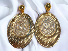 Load image into Gallery viewer, large Hammered Metal and rhinestone Disc Clip On Earrings Gold
