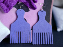 Load image into Gallery viewer, Classic Wood Afro Pick Earrings pastel purple Color
