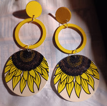 Load image into Gallery viewer, Handmade Artsy Sunflower Wooden Clip On Earrings 5 in
