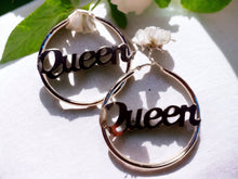 Load image into Gallery viewer, Silver Metal Queen Nameplate Hoop Earrings 3 inch
