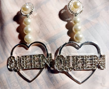 Load image into Gallery viewer, Handmade rhinestone and pearl Queen Nameplate Earrings Clip on
