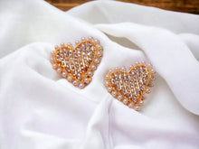 Load image into Gallery viewer, Small Crystal and faux pearl Heart Stud Clip On Earrings gold
