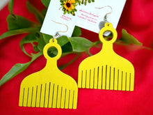Load image into Gallery viewer, Afrocentric Wooden Afro  comb Earrings yellow
