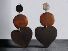 Load image into Gallery viewer, Giant handmade Clip On wooden Heart Dangle Earrings
