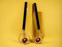 Load image into Gallery viewer, Minimalist black acrylic and gold ball dangle Earrings pierced ears
