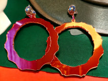 Load image into Gallery viewer, Medium sized Mirrored Acrylic bamboo hoop Clip on Earrings 3 inch red
