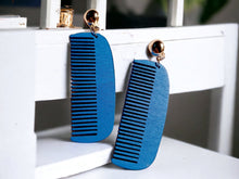 Load image into Gallery viewer, Natural Wood Afro Pick Clip On Dangle Earrings blue

