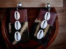 Load image into Gallery viewer, Handmade Afrocentric Natural Wood and Mudcloth Clip On Earrings

