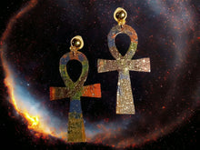 Load image into Gallery viewer, Handpainted Abstract Clip On Wooden Ankh Earrings
