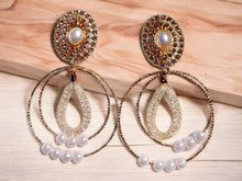 Load image into Gallery viewer, Handmade gold Metal faux pearl and rhinestone Multi Hoop Clip On Earrings
