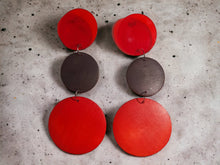 Load image into Gallery viewer, Handmade Clip On Wood Earrings, Red &amp; Black Geometric Design, 6 Inch
