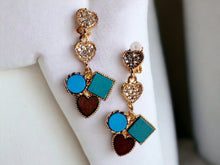 Load image into Gallery viewer, Handmade wood and rhinestone Heart dangle Clip On Earrings
