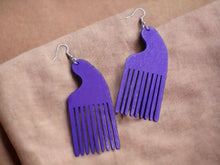 Load image into Gallery viewer, Afrocentric Wooden Afro  comb Earrings purple
