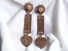Load image into Gallery viewer, Handmade  Gold and rhinestone Queen Nameplate Earrings Gold pierced ears
