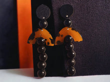 Load image into Gallery viewer, Handmade Avant garde Geometric Wood and Acrylic Earrings Clip On 5 inch
