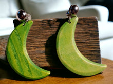 Load image into Gallery viewer, Handmade wooden boho Crescent Moon Clip On Earrings green
