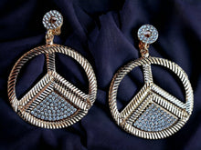 Load image into Gallery viewer, Hammered Metal and rhinestone Peace Symbol Clip On Earrings Gold
