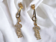 Load image into Gallery viewer, Instagram ready Handmade Rhinestone Gram statement dangle Clip On Earrings gold
