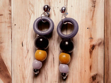 Load image into Gallery viewer, Minimalist handmade Wood and metal Clip On Hoop Dangle Earrings black
