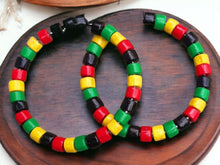 Load image into Gallery viewer, Handmade wood and metal afrocentric rasta hoop Earrings
