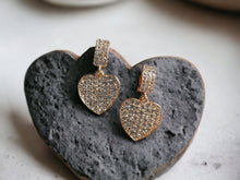Load image into Gallery viewer, Clip On Blingy Heart  Dangle Earrings gold 2 inch
