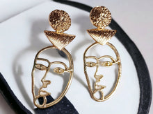 Load image into Gallery viewer, Handmade Abstract Face Design Dangle Earrings pierced ears gold
