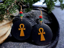 Load image into Gallery viewer, Handmade wooden Ankh Dangle Earrings gold pierced ears
