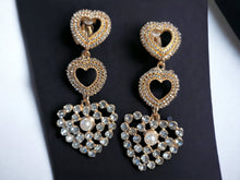 Load image into Gallery viewer, Handmade large gold Rhinestone Heart Clip On Earrings
