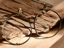 Load image into Gallery viewer, Large curved Gold Metal and rhinestone Hoop Clip On Earrings
