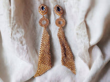 Load image into Gallery viewer, Handmade Large handmade Gold rhinestone runway Metal Mesh Clip On Earrings 6 inch
