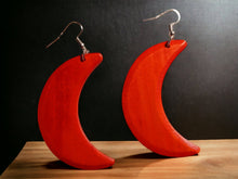 Load image into Gallery viewer, Natural Wood crescent moon Earrings Minimalist (pierced ears) red
