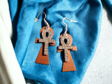 Load image into Gallery viewer, Handmade Wood and rhinestone Ankh Earrings pierced ears

