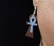 Load image into Gallery viewer, Handmade Wood and rhinestone Ankh Earrings pierced ears
