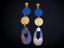 Load image into Gallery viewer, Handpainted Wooden Clip On Earrings, Abstract Blue &amp; Gold
