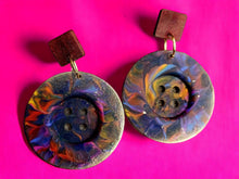 Load image into Gallery viewer, Giant Handpainted Vintage Button Earrings 3.5 inch pierced ears
