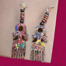 Load image into Gallery viewer, Handpainted Ankh Afro Pick Abstract Wooden Earrings
