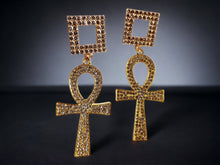 Load image into Gallery viewer, Handmade Rhinestone Ankh Dangle Earrings gold pierced ears
