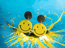 Load image into Gallery viewer, Small Handmade Acrylic Pop Art Clip On Earrings smiley face

