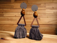 Clip on Handmade boho wood and Yarn Tassel Earrings