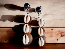 Load image into Gallery viewer, Small Handmade Wood and Cowrie Shell Clip On Earrings
