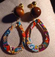 Load image into Gallery viewer, Handmade boho Wood and fabric Clip On Dangle Earrings
