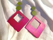 Load image into Gallery viewer, Giant Handmade Natural Wood Geometric Earrings Minimalist Clip on 8 inch

