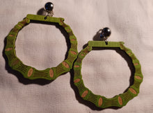 Load image into Gallery viewer, Extra large Wooden bamboo hoop Clip on Earrings 4 inch green
