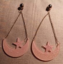 Load image into Gallery viewer, Handmade Pop Art glitter acrylic Crescent Moon Clip On Earrings pink
