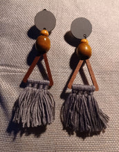 Load image into Gallery viewer, Clip on Handmade boho wood and Yarn Tassel Earrings
