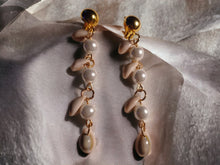 Load image into Gallery viewer, Handmade Cowrie Shell and faux pearl dangle Clip On Earrings
