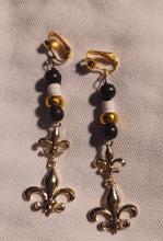 Load image into Gallery viewer, Handmade small New Orleans Saints Fleur-de-lis clip on earrings
